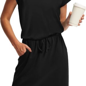 OFEEFAN Summer Dresses for Women 2025 V Neck T Shirt Casual Mini Dresses Tie Waist Sundresses with Pockets