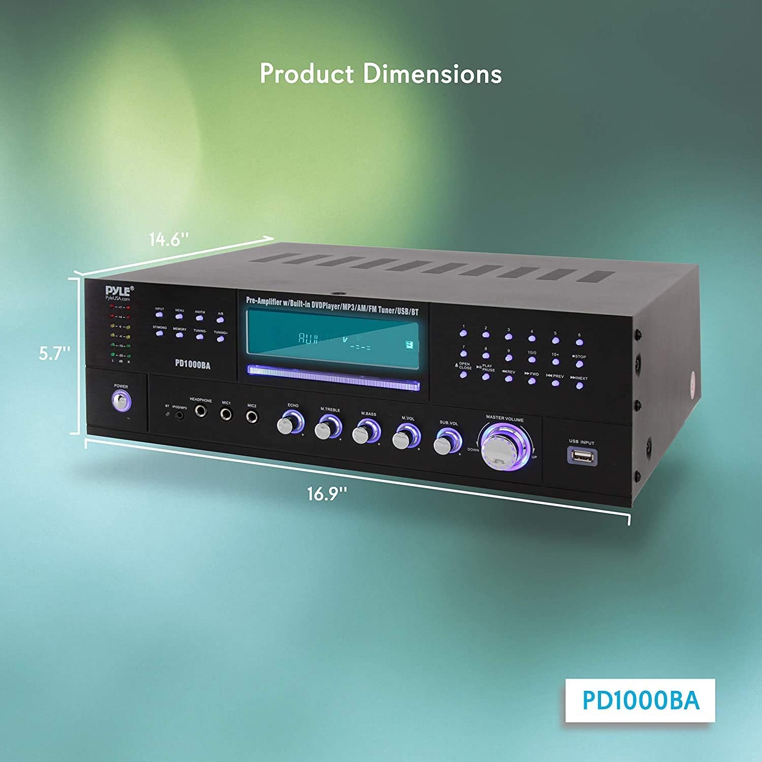 Pyle 4-Channel 1000W Power Amplifier with Bluetooth - Wireless Stereo Home Audio Receiver w/ Front Loading CD DVD Player, FM Radio, USB-A, Headphone, 2 Microphone w/ Echo, LED, Rack Mount - PD1000BA - Image 2