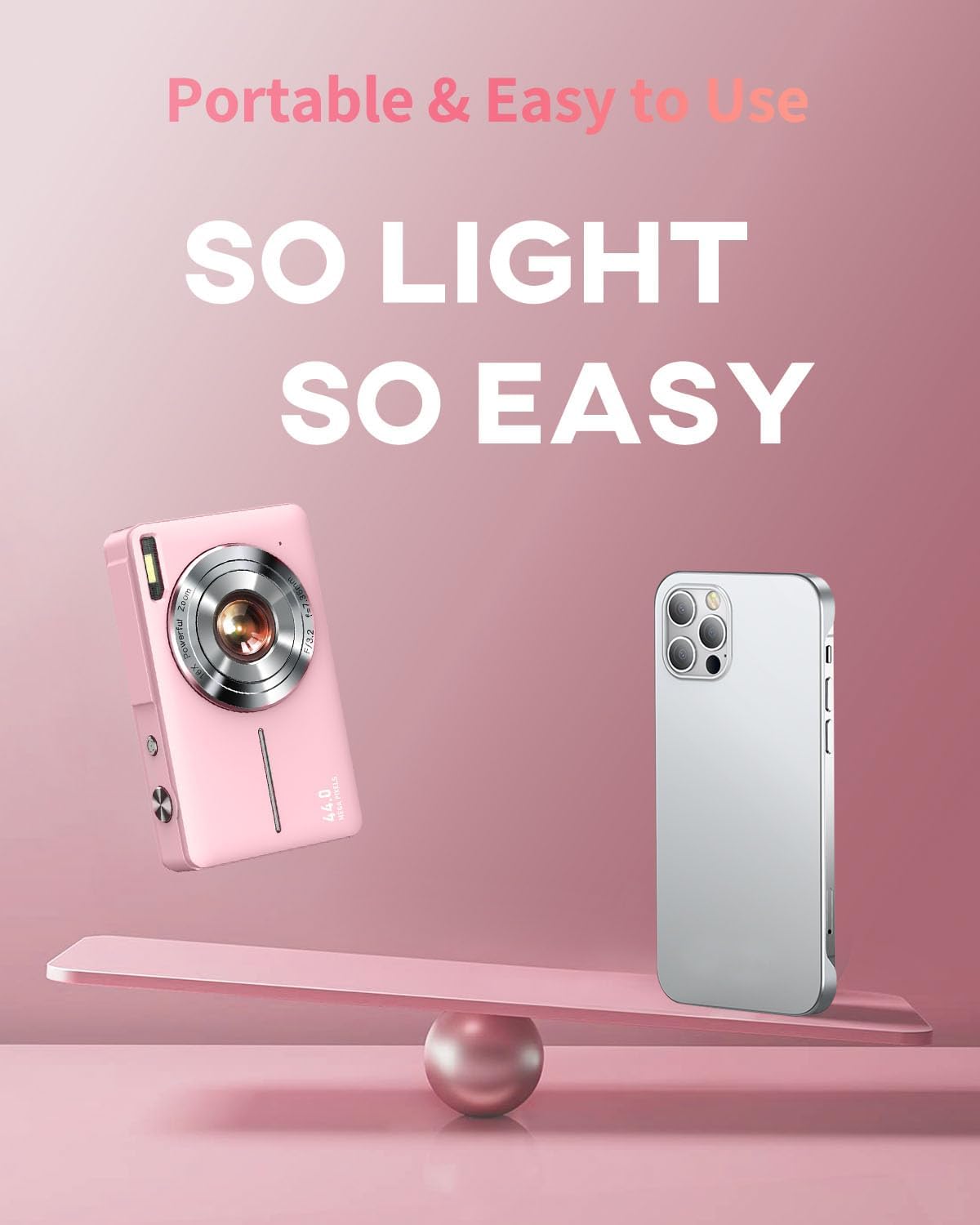 Digital Camera, FHD 1080P Point and Shoot Kids Camera, with 32GB Card, 2 Batteries, 16X Zoom Anti Shake Date Stamp, Compact Portable Small, for Starter Kid Children Teen Student Girl Boy(Pink) - Image 3