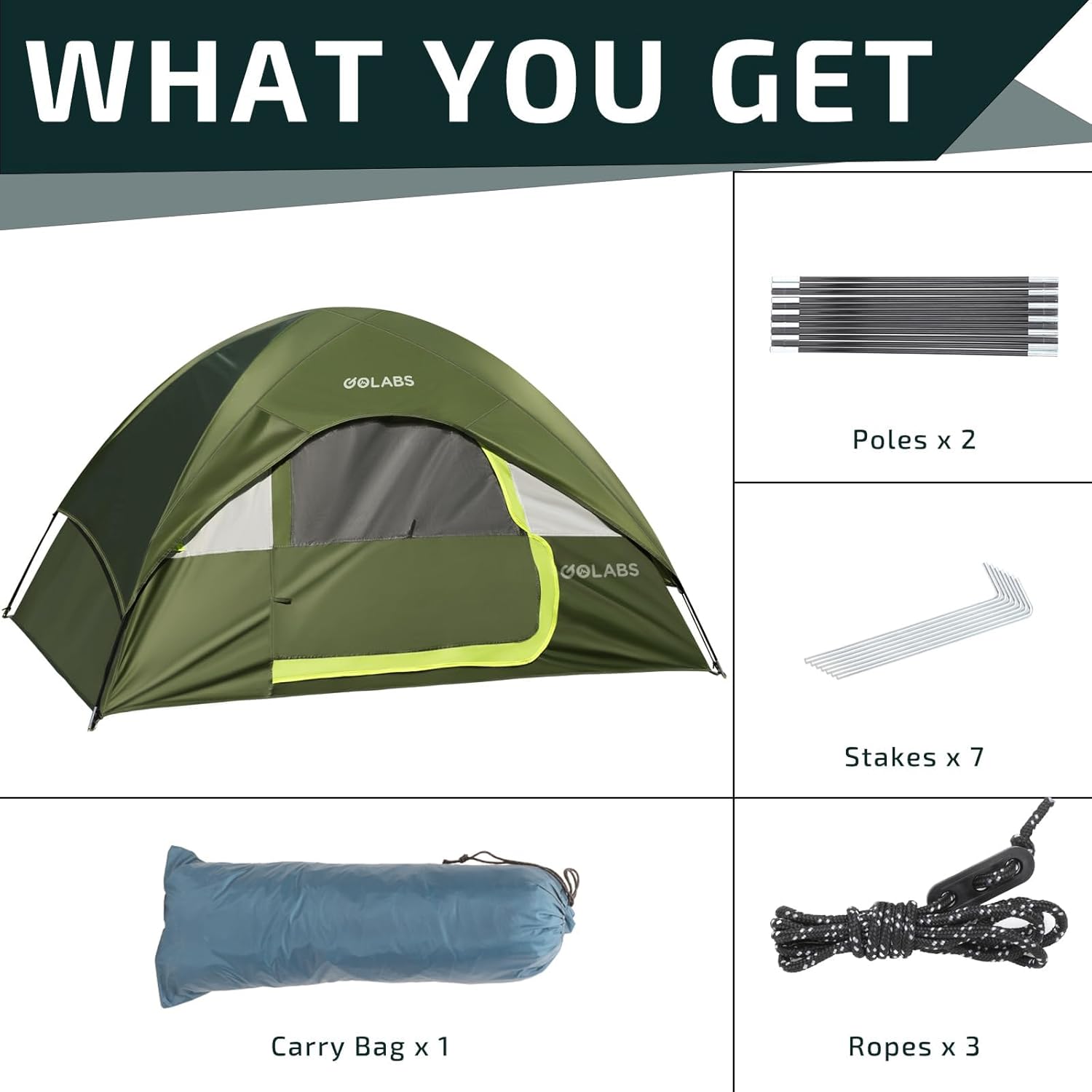 Golabs CT1 2 Person Camping Tent, Easy Set Up in 3 Mins, PU1500mm Waterproof w/Mesh Top & Door with Ventilation, Lightweight 4.4lbs Portable Family Tent with Carry Bag &Interior Storage Pockets &Hook - Image 7