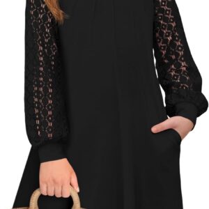 Haloumoning Girls Contrast Lace Long Sleeve Dress Kids Casual Pleated A Line Short Dresses with Pockets 5-14 Years