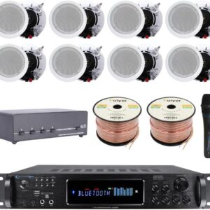 Vaiyer Home Theater System Kit – 7.2 Channel 3500 Watts Bluetooth Amplifier w/ 8 Qty of 5.25″ Framed Ceiling Speakers 175W Each, 4-Ch Speaker Selector, Mic, 16 AWG 500 ft Speaker Wire & Remote