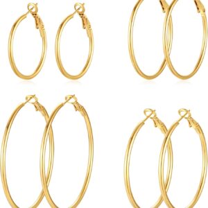 4 Pairs Silver Gold Hoop Earrings for Women | 14K Gold Plated Hoop Earrings Set Hypoallergenic Earring Lightweight Dangle Earrings Set