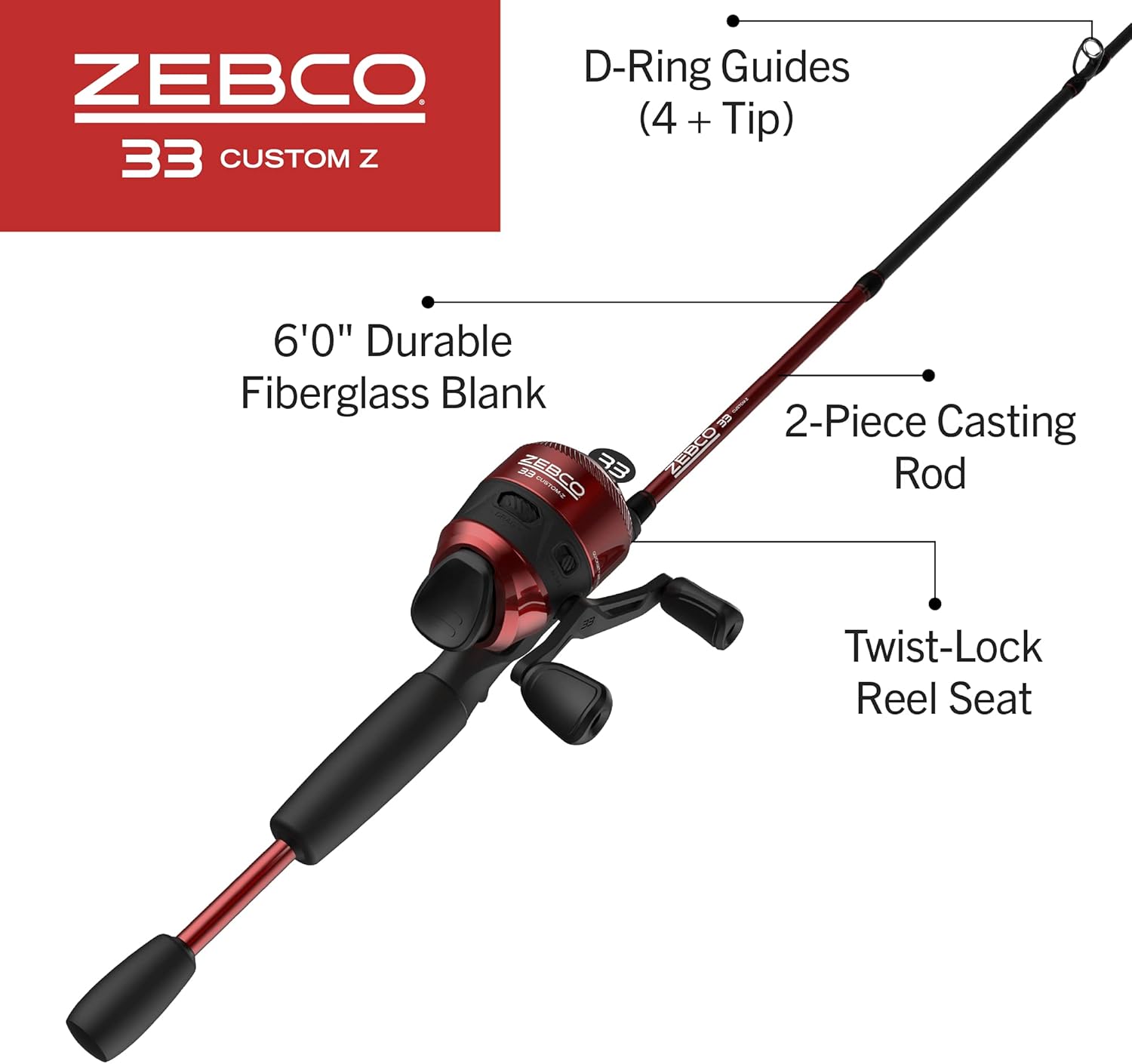 Zebco 33 Custom-Z Spincast Reel and 2-Piece Fishing Rod Combo, 6-Foot Fiberglass Rod with Split-Grip EVA Handle, Quickset Anti-Reverse Fishing Reel with Bite Alert - Image 2