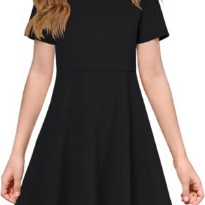 ZDC Girls Short Sleeve Casual Dresses Summer Kids A Line Flowy Skater Dress