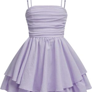 Girl’s Flowy Cami Dress Ruched Sleeveless Pink Layered Ruffle Kawaii Short Smocked Summer Dresses