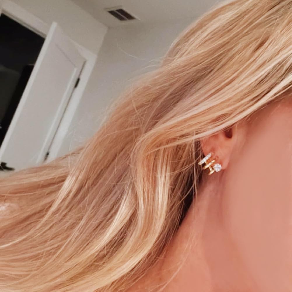 Obidos 14K Gold Plated Triple Huggie Illusion Stud Earrings | Double Huggie Hoop Earrings for One Hole | Gold Hoop Earrings for Women | Drop earrings - Image 4