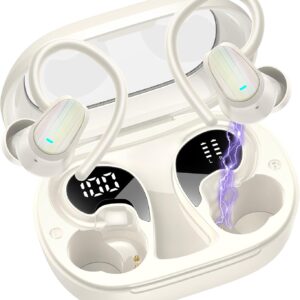 Wireless Earbuds, Headphones Sport Bluetooth 5.4, Over Ear Buds with ENC Noise Canceling Mic, Deep Bass Stereo Earphones with Hook, 50H, LED Display, IP7 Ear Buds for Workout Running, Off-White(2026)