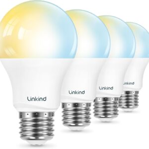 Linkind Smart Light Bulbs, Soft White to Daylight Tunable (2700K-6500K), Alexa Light Bulbs, Work with Alexa & Google Home, CRI>90, 2.4GHz Wi-Fi & Bluetooth LED, A19 E26, 800LM, 60W Equivalent (4-Pack)