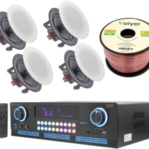 Home Theater System Kit 2000 Watts Bluetooth Amplifier with 4 Qty 6.5″ 200 Watts in-Wall in-Ceiling Frameless Speakers & 16 Gauge 100 ft. Speaker Wire by Technical Pro