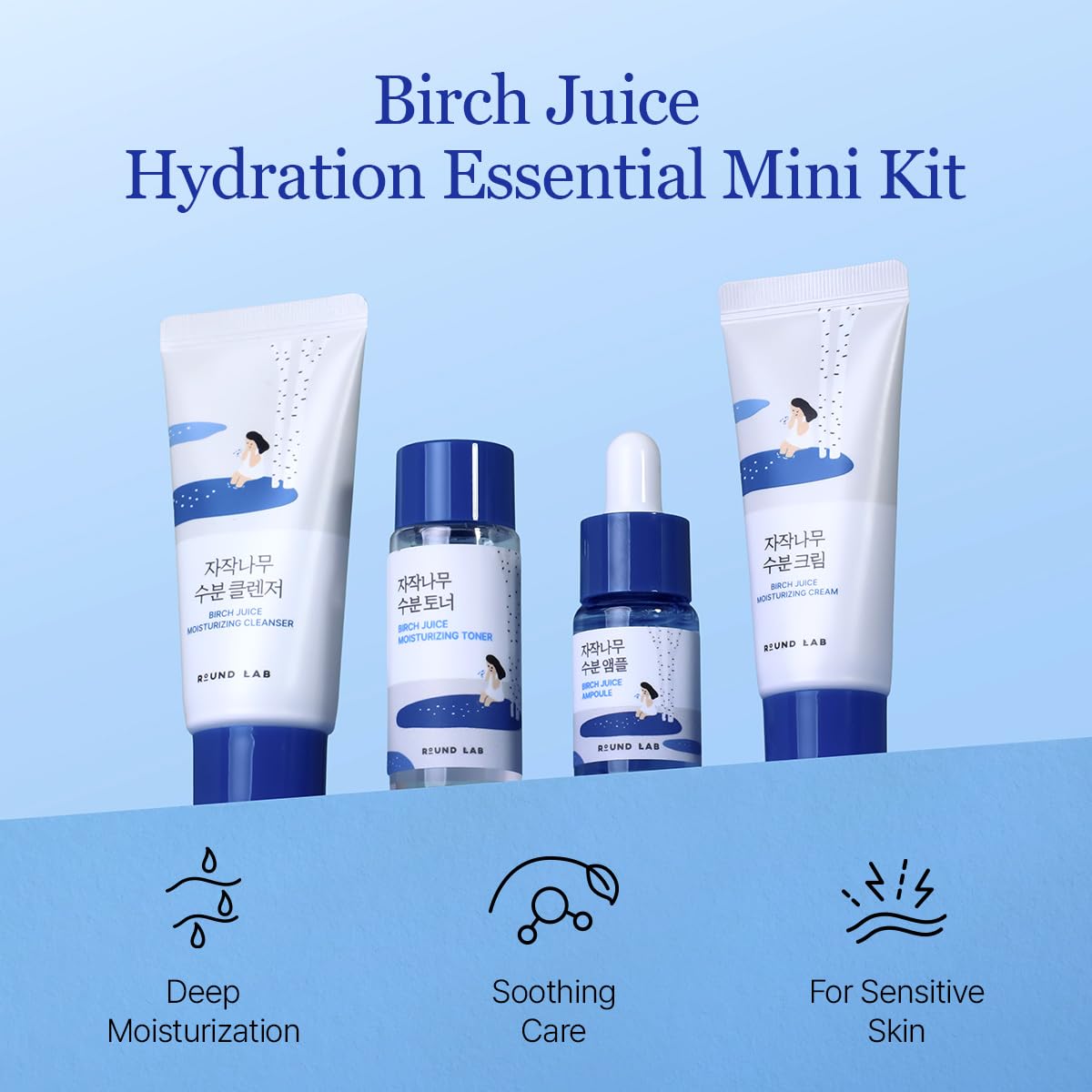 ROUND LAB Birch Juice Moisturizing Mini Kit, 4-Step Travel Size Skincare Set (Cleanser, Toner, Serum, Cream), Daily Skin Care Routine Trial Kit for Acne-Prone and Sensitive Skin, Korean Skin Care - Image 2