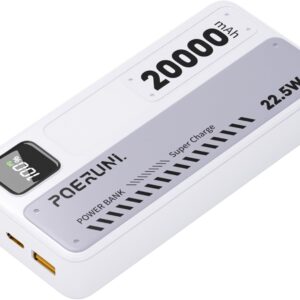 20000mAh Portable Charger with Digital Display – 22.5W Super Fast Charging, Compact Power Bank for iPhone, Android, Tablet, PSP | FAA Compliant Air Travel Safe