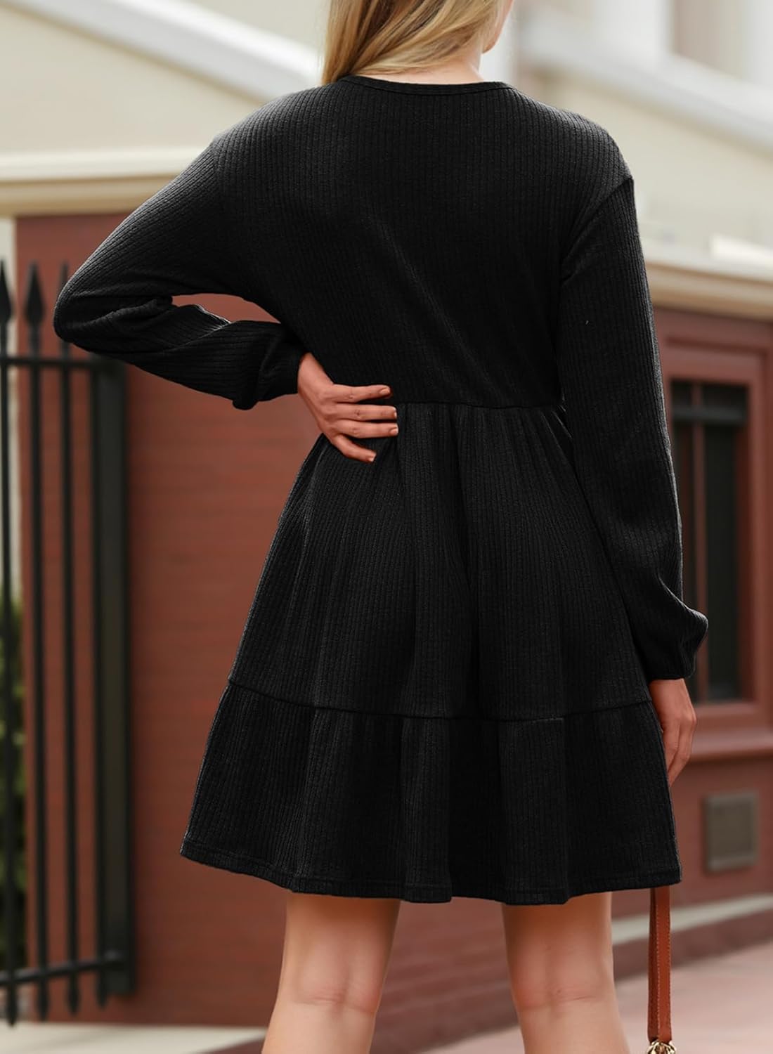 Dokotoo Spring Dresses for Women 2026 Long Sleeve V Neck Lightweight Ribbed Knit Empire Waist Casual A Line Swing Mini Dress - Image 2