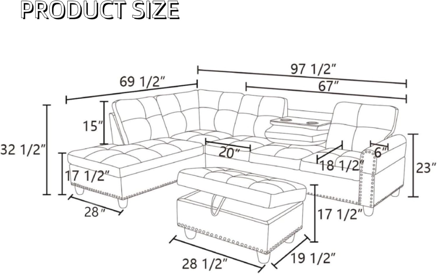 L-Shaped Sectional Sofa with Movable Chaise & Storage Ottoman, Lounge 3-Piece Modular Convertible Couches for Living Room, Apartment & Office, Brown - Image 2