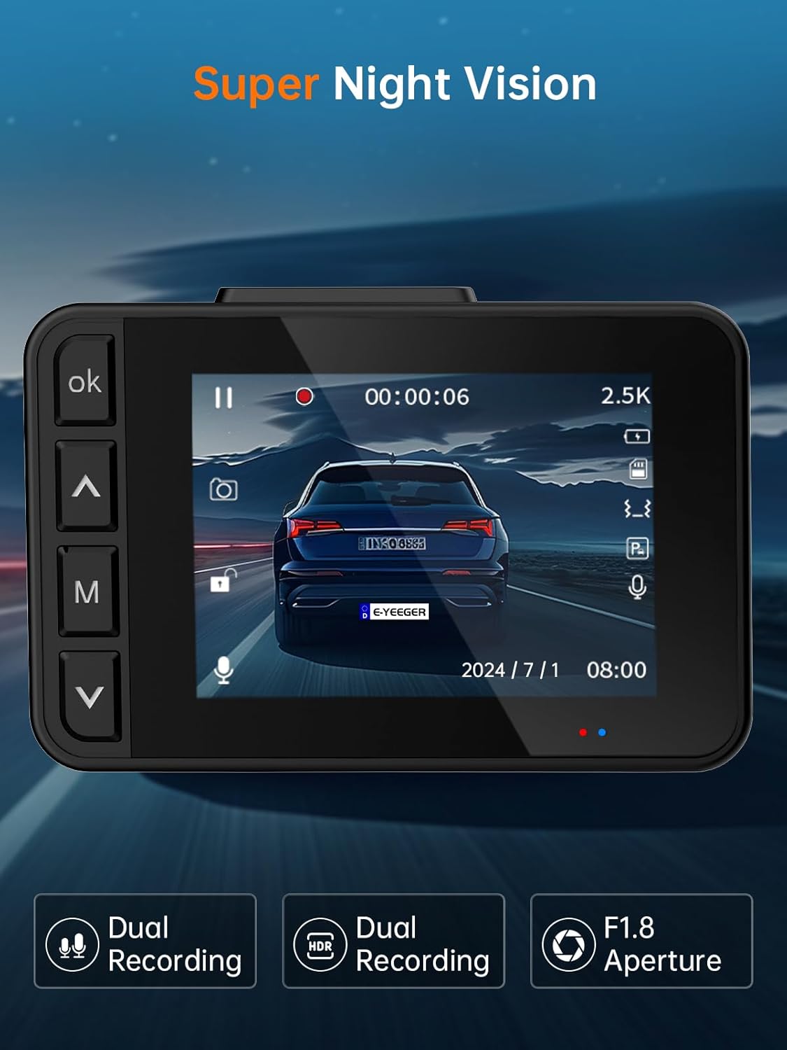 Dash Cam Front and Rear, 2.5K+1080P Dual Dash Camera for Cars, 2’’ Display Mini Car Camera, G-Sensor Dashcam, Night Vision, 24H Parking Mode, Loop Recording, 170°Wide Angle, 32GB Card Included - Image 5