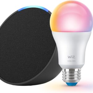 Echo Pop (newest model) with WiZ 60W A19 LED Smart Color Bulb – Connects to Your Wi-Fi – E26 Base – Control with Voice or App – Matter Compatible