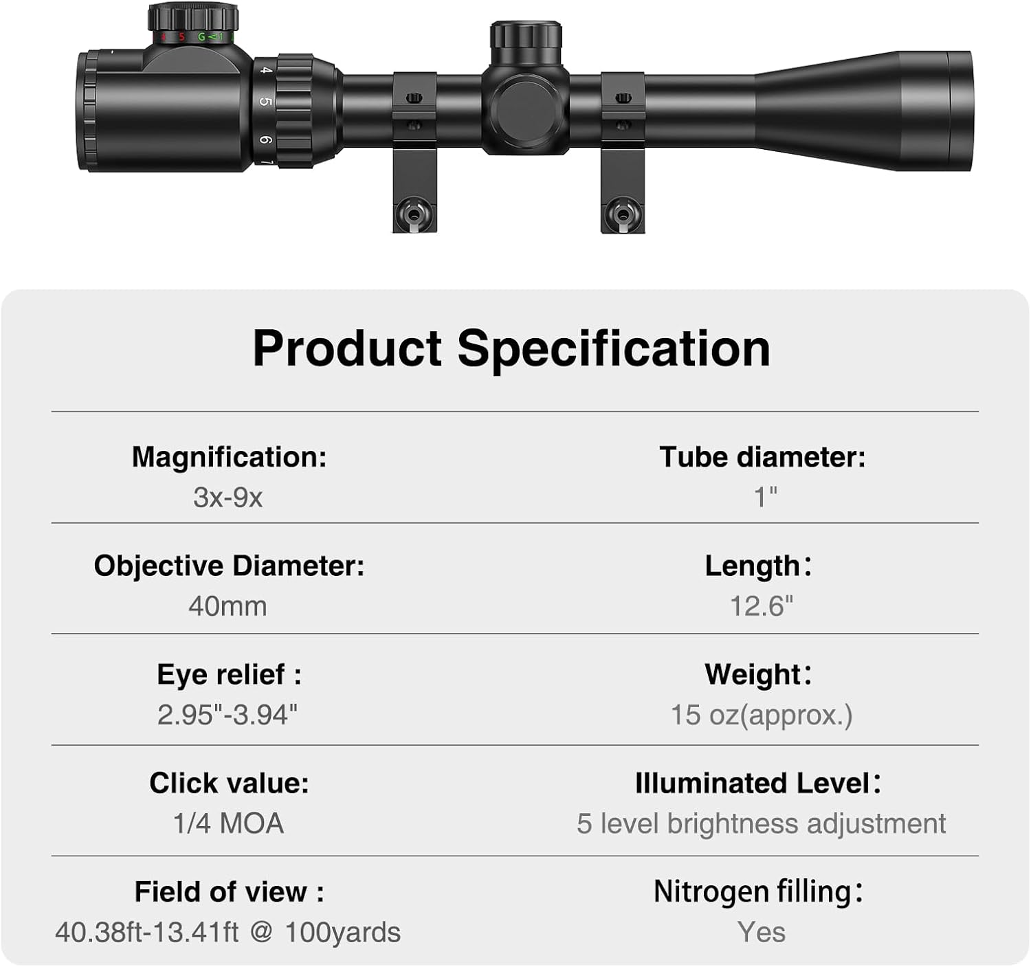 CVLIFE 3-9x40 Rifle Scope, Red & Green Illuminated Optical Riflescope, 1 inch Tube Scope for Hunting with Mounts - Image 4