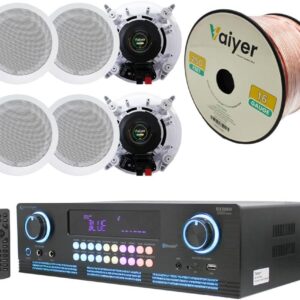 Home Theater System Kit 2000 Watts Bluetooth Amplifier with 6 Qty 6.5″ 200 Watts in-Wall in-Ceiling Speakers & 16 Gauge 250 ft. Speaker Wire by Technical Pro
