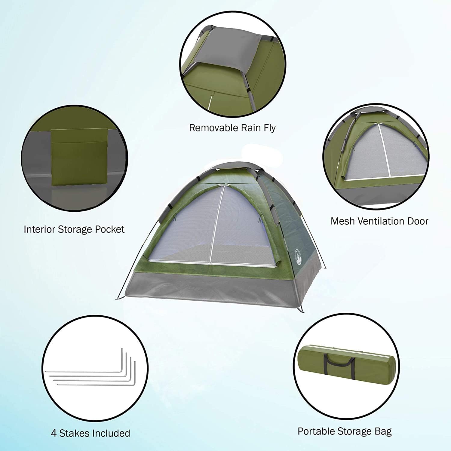2-Person Camping Tent - Shelter with Rain Fly and Carrying Bag - Lightweight Outdoor Tent for Backpacking, Hiking, and Beach by Wakeman (Green) - Image 3