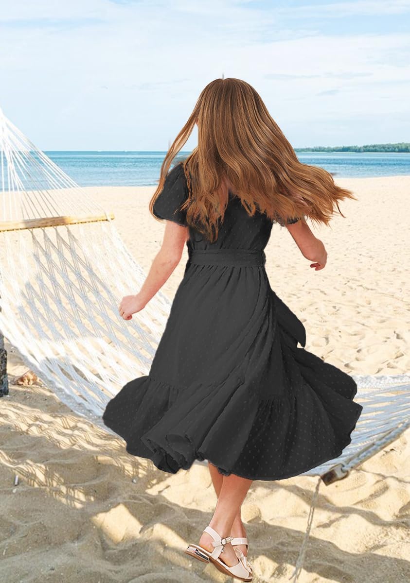 Girls Spring Dresses Bohemian Flying Cap Sleeve V Neck Belt Calf 2026 Long Maxi Pleated Flowy Dress for Girl - Image 5