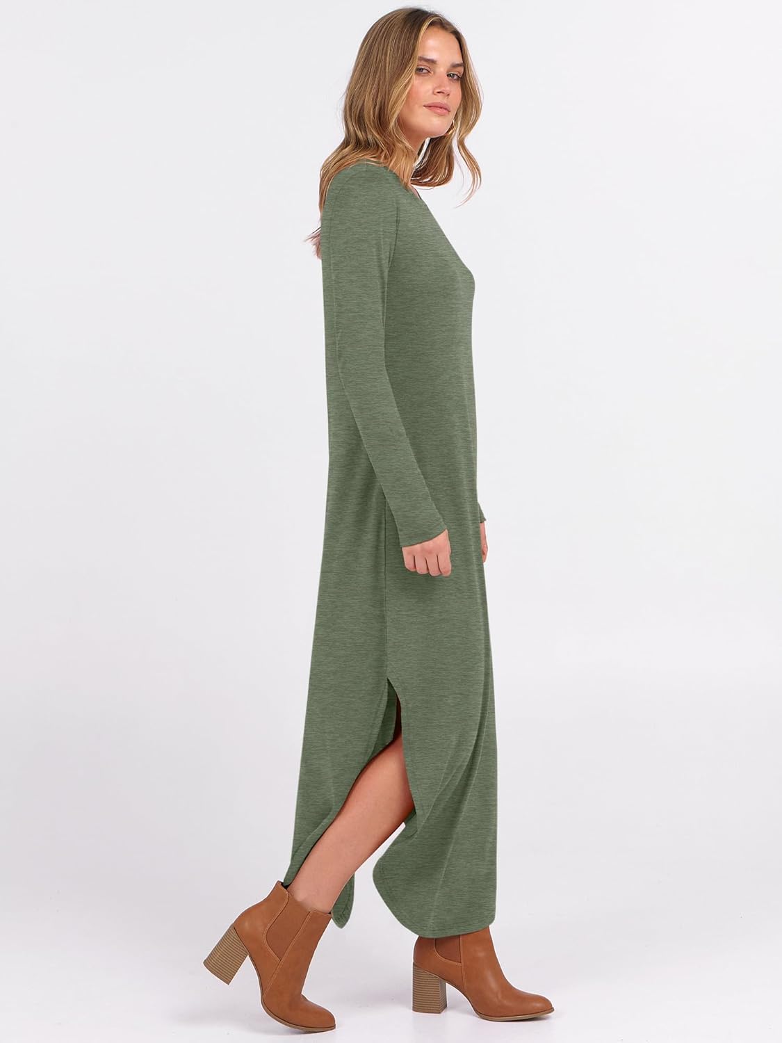 ANRABESS Women's Long Sleeve Maxi Dresses 2025 Fall Outfits Casual Loose Split Travel Vacation T Shirt Dress with Pockets - Image 4