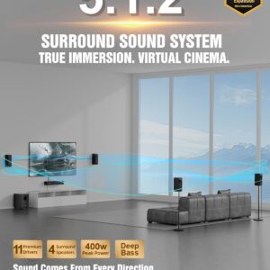Wooden 5.1.2 Virtual Surround Sound System, 4 Surround Speakers Wired, 400W Peak Power, Sound Bars for Smart TV w/Subwoofer, 5.25” Deep Bass, Home Theater TV System, ARC/OPT/BT/AUX, HiPulse N512