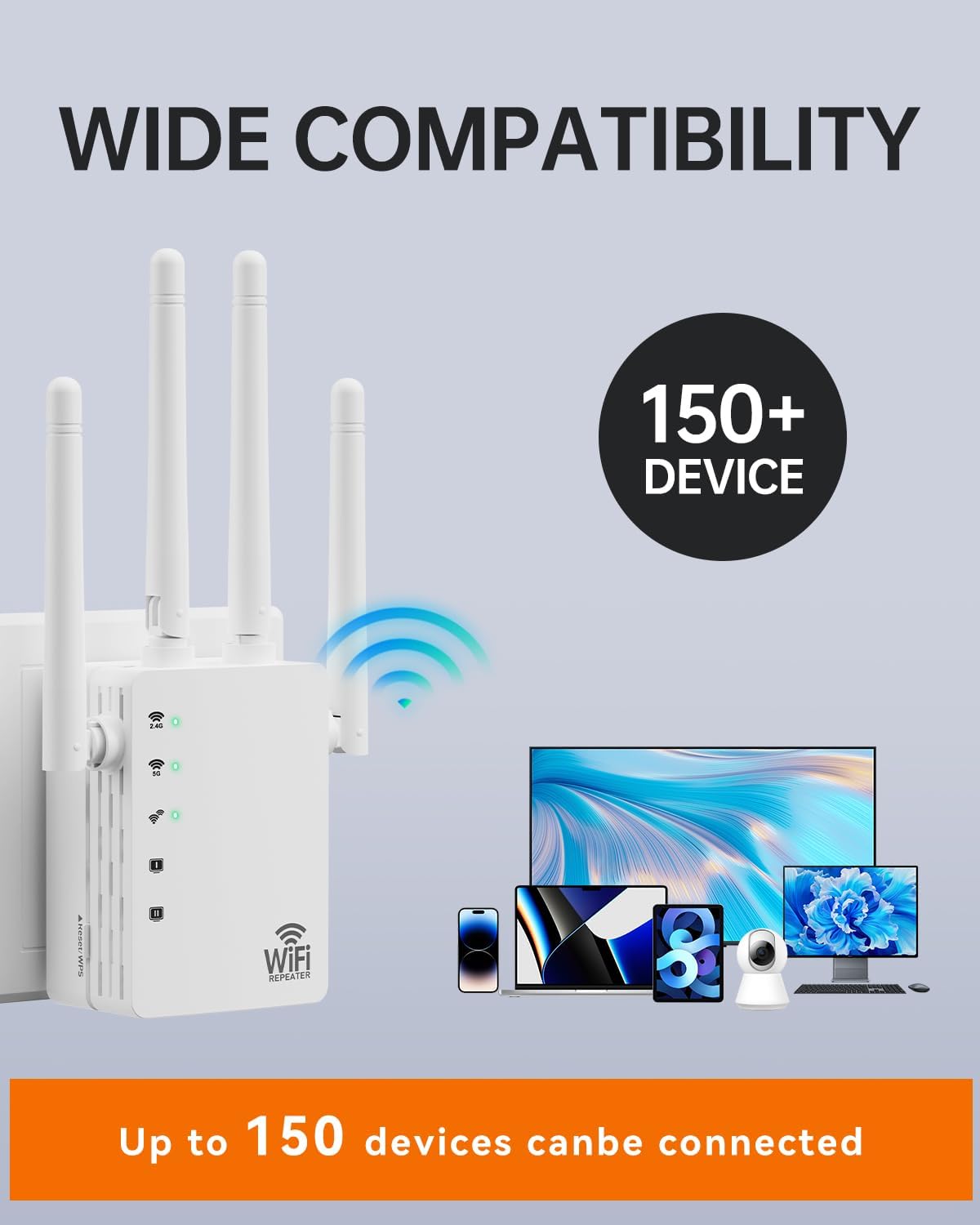 WiFi Extender with Ethernet Port, Covers Up to 13888 Sq.ft and 150+ Devices, WiFi Extender Signal Booster with Dual Band 5GHz/2.4GHz, Antennas, Ethernet Port & EasyMesh, 1-Tap Setup - Image 4