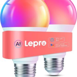 Lepro B1 AI Smart Light Bulbs – WiFi & Bluetooth RGBWW Color Changing LED Bulb Works with Alexa & Google Assistant, Personalized Al Lighting Designer, AI Voice Control, Music Sync, 2.4GHz Only, 2 Pack