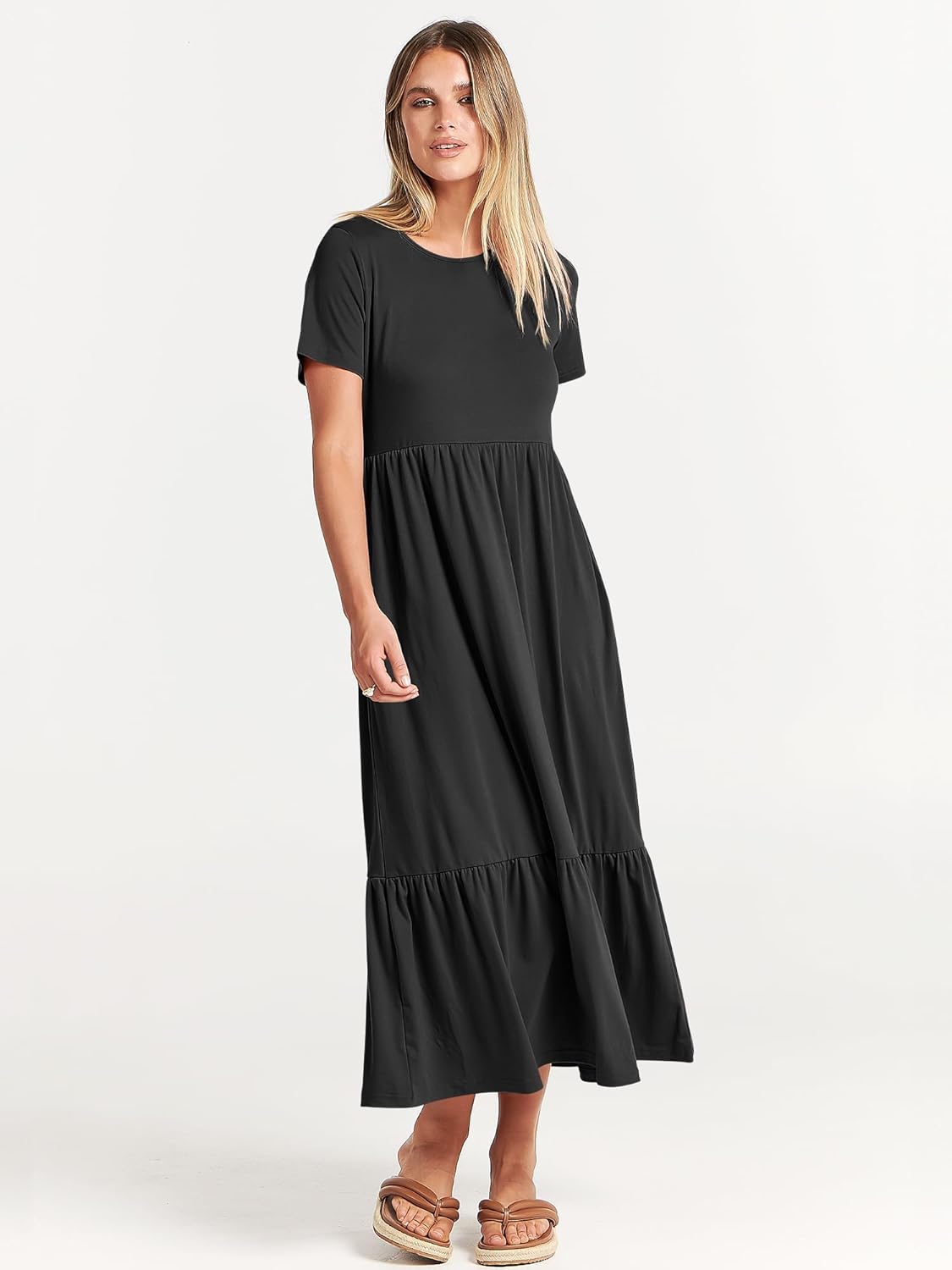 ANRABESS Womens 2026 Summer Casual Maxi Dress A line Tiered Flowy Short Sleeve Crewneck T Shirt Beach Travel Long Dresses - Image 3