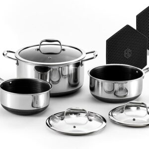 HexClad Hybrid Nonstick 6-Piece Pot Set with 2 Silicone Trivets, 2, 3, and 8-Quart Pots with Tempered Glass Lids, Stay-Cool Handles, Dishwasher-Friendly, Induction Ready, Compatible with All Cooktops