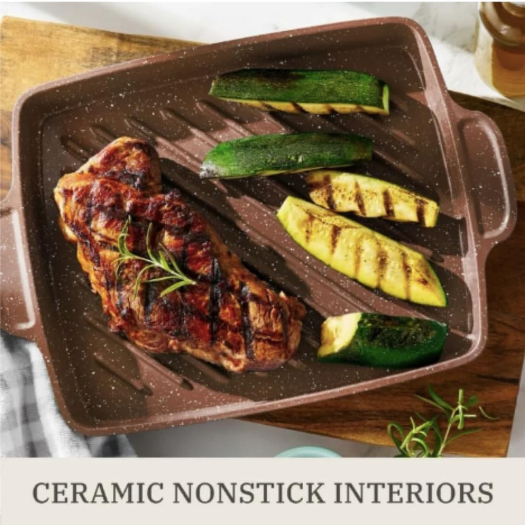 Pioneer Woman 32-Piece Cookware & Kitchen Utensil Set, Ceramic Nonstick Pots & Pans, Bakeware, Acacia Wood Tools, Knives & Measuring Set (Brown) - Image 4