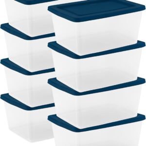 Sterilite 8 Pack Storage Boxes, Clear Plastic Stackable Containers, Lightweight Home Organizers with Snap Lids, 58 Quart, Marine Blue