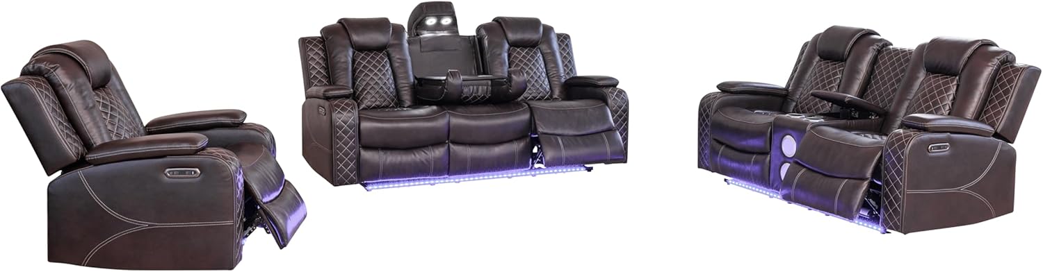 Ball & Cast Power Recliner Sofa Set Leather Reclining Sofa Set Living Room Furniture Set 3PCS Recliner Couch Loveseat & Chair Sets with Coffee Table,Reading Light,Cup Holders for Home Theater Seating - Image 12
