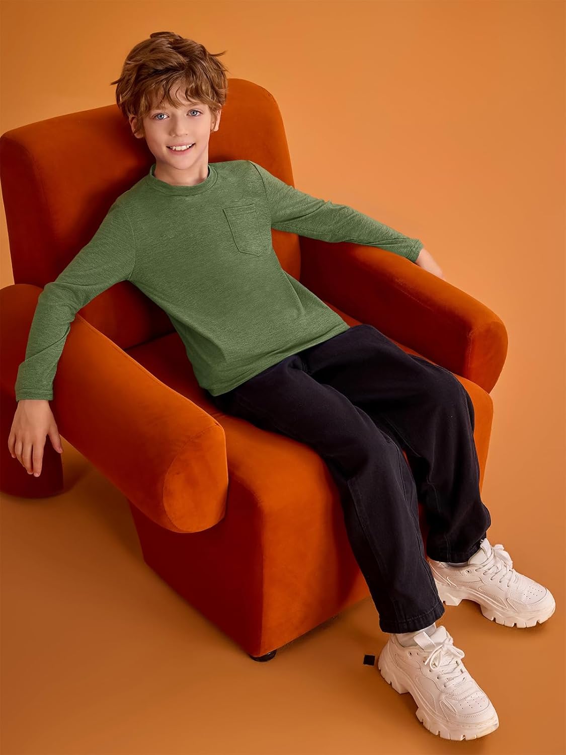 Haloumoning Boys Long Sleeve Shirts Kids Crewneck T Shirts Casual Tops Tees with Chest Pocket 5-14 Years - Image 5