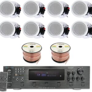 Home Theater System Kit – 6 Channel 6000 Watts Bluetooth Amplifier, 8 Qty of 8” Framed Ceiling Speakers 300 W Each, 16 AWG 500 ft Speaker Wire & Remote Ideal for Home, Office by Technical Pro