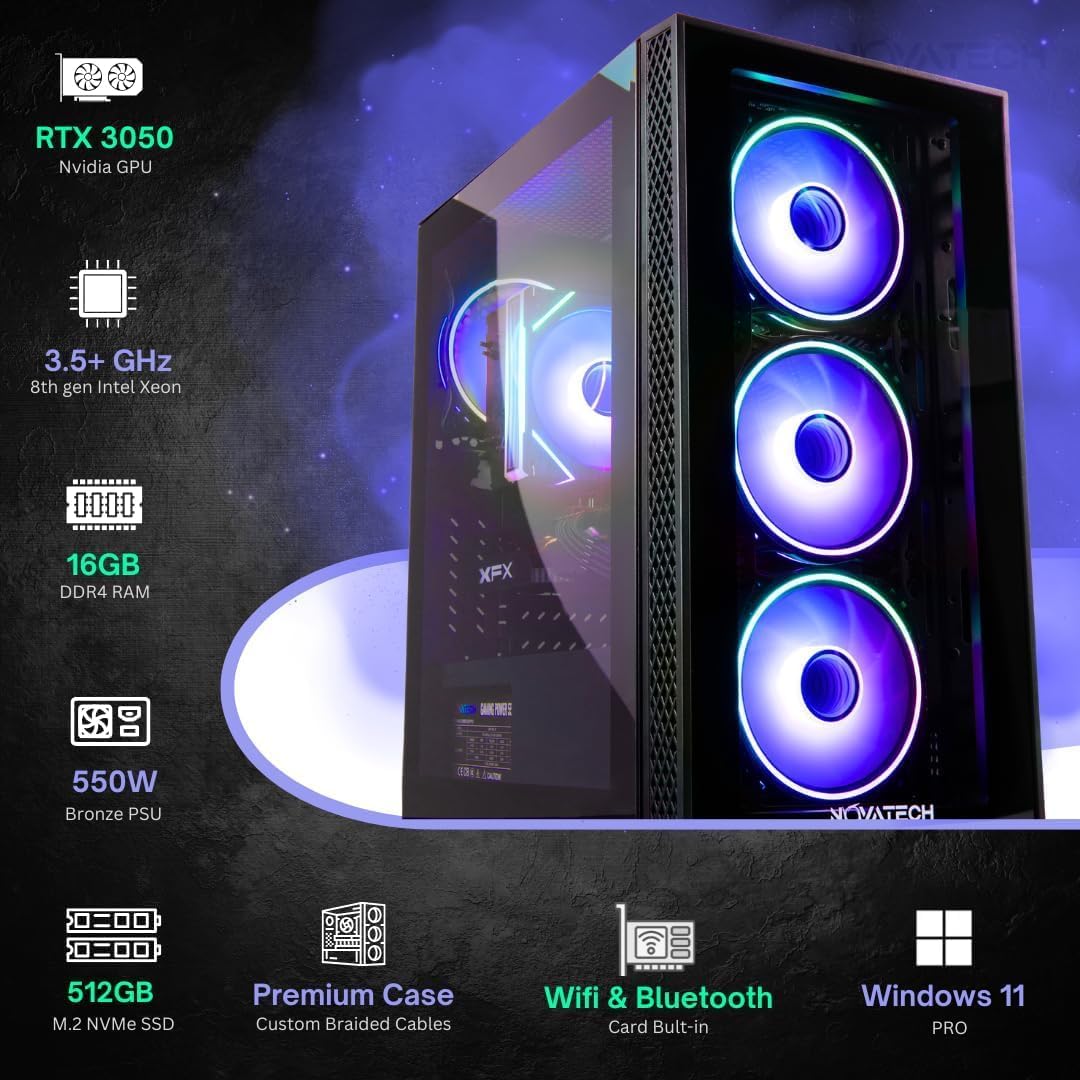 NOVATECH Phantom 2 - Prebuilt Gaming PC Desktop Computer - RTX 3050 - i7 Xeon 3.5GHz - 16GB RAM - 512GB M.2 SSD WiFi/BT, Win 11 Pro - Gaming Computer Tower, Pre Built PC Gaming - 1 Year Warranty - Image 2