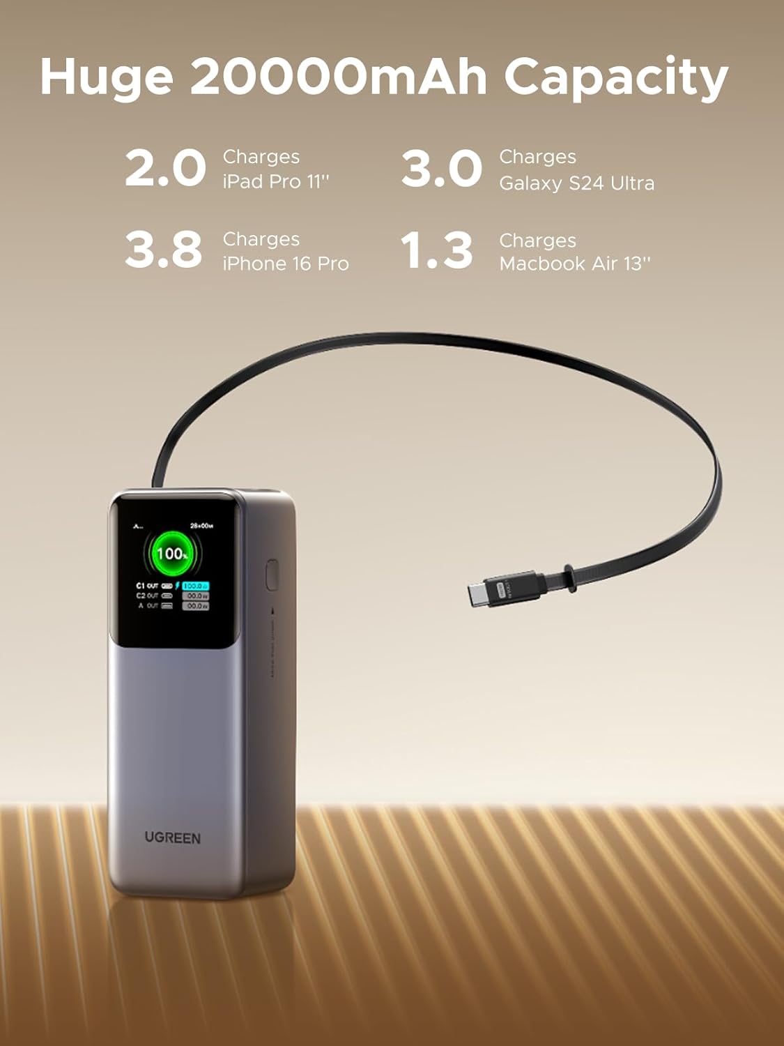 UGREEN Nexode Power Bank 20000mAh 165W with Built-in USB C Cable Laptop Travel Portable Charger, 100W Input, Fast Charging for MacBook Pro/Air/iPhone 17/16/iPad Pro/Galaxy S25 Ultra/Dell/HP and More - Image 6