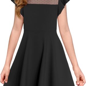 Haloumoning Girls Dress Summer Ruffle Sleeve Mesh A Line Casual Party Dresses with Pockets for Kids 4-14 Years