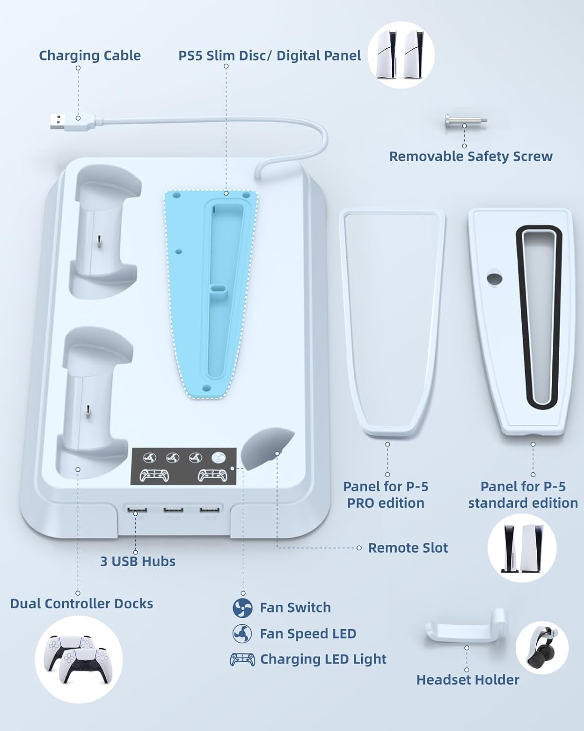 Lictin Cooling Station and Console Stand for PS5/Pro/Slim, Controller Charging Station for PlayStation 5 Console, PS 5 Stand with Controller Charger for Disc & Digital, PS5 Holder with Cooling Fan - Image 7