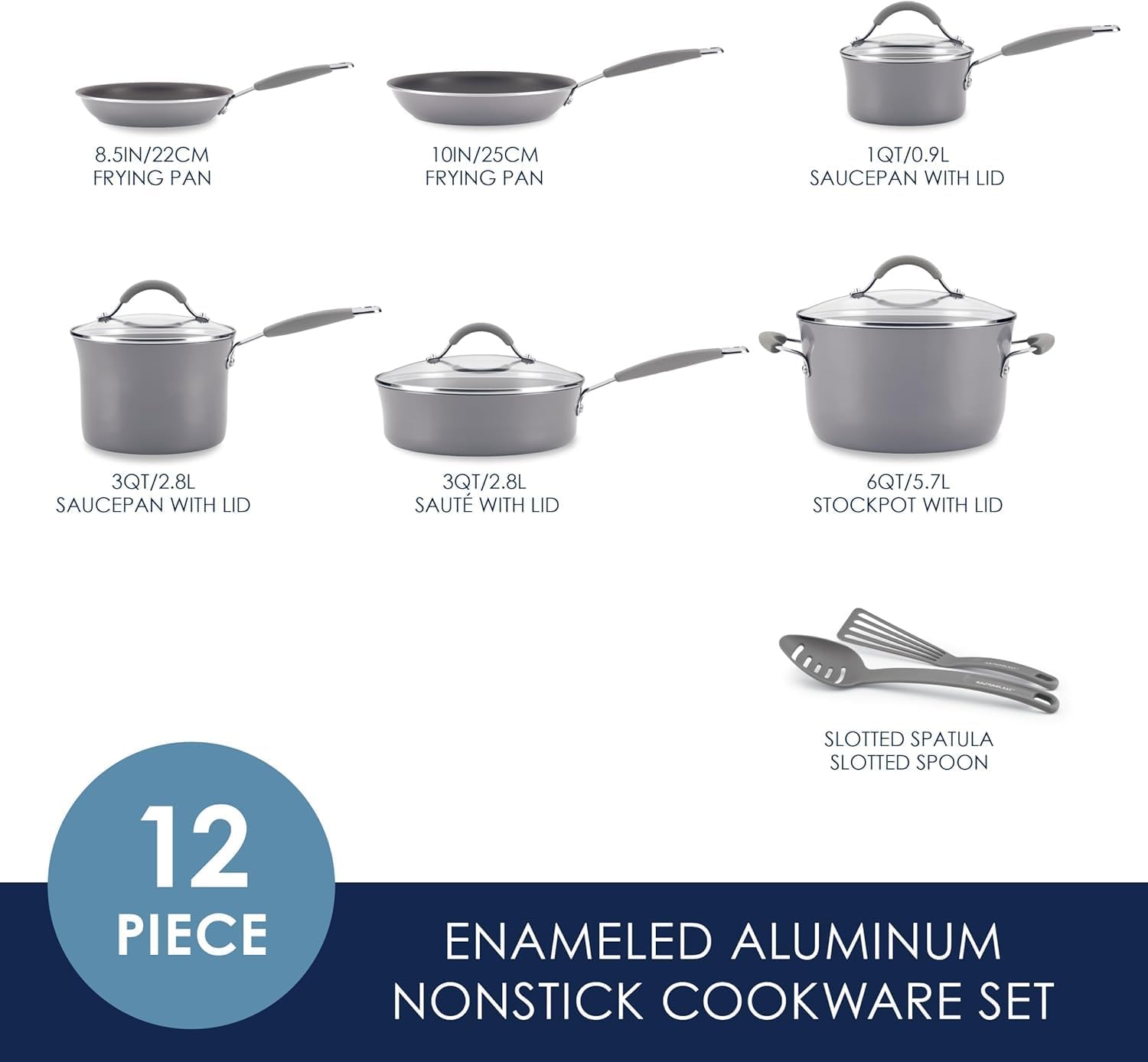 Rachael Ray - 16802 Rachael Ray Cucina Nonstick Cookware Pots and Pans Set, 12 Piece, Sea Salt Gray - Image 2
