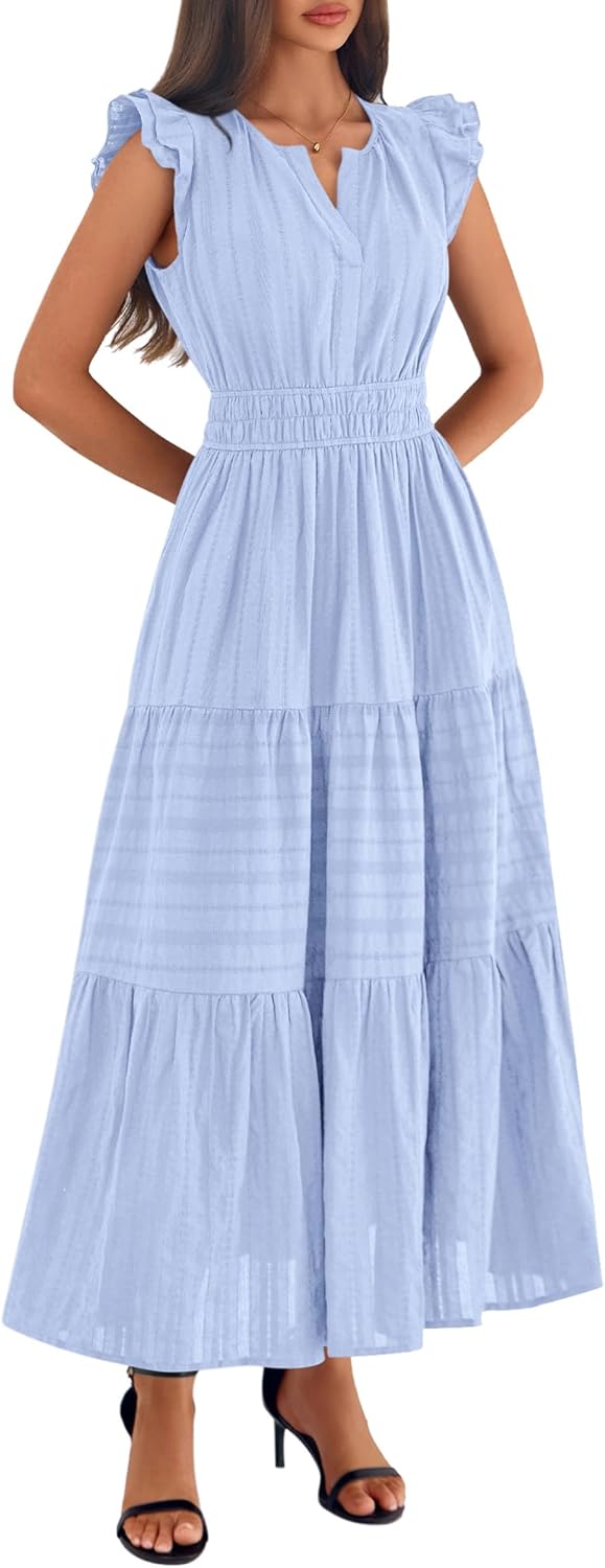 BTFBM Dresses for Women Spring 2026 Maxi Casual Dress Flutter Short Sleeve V Neck Elastic Waist Boho Beach Vacation Pockets - Image 7