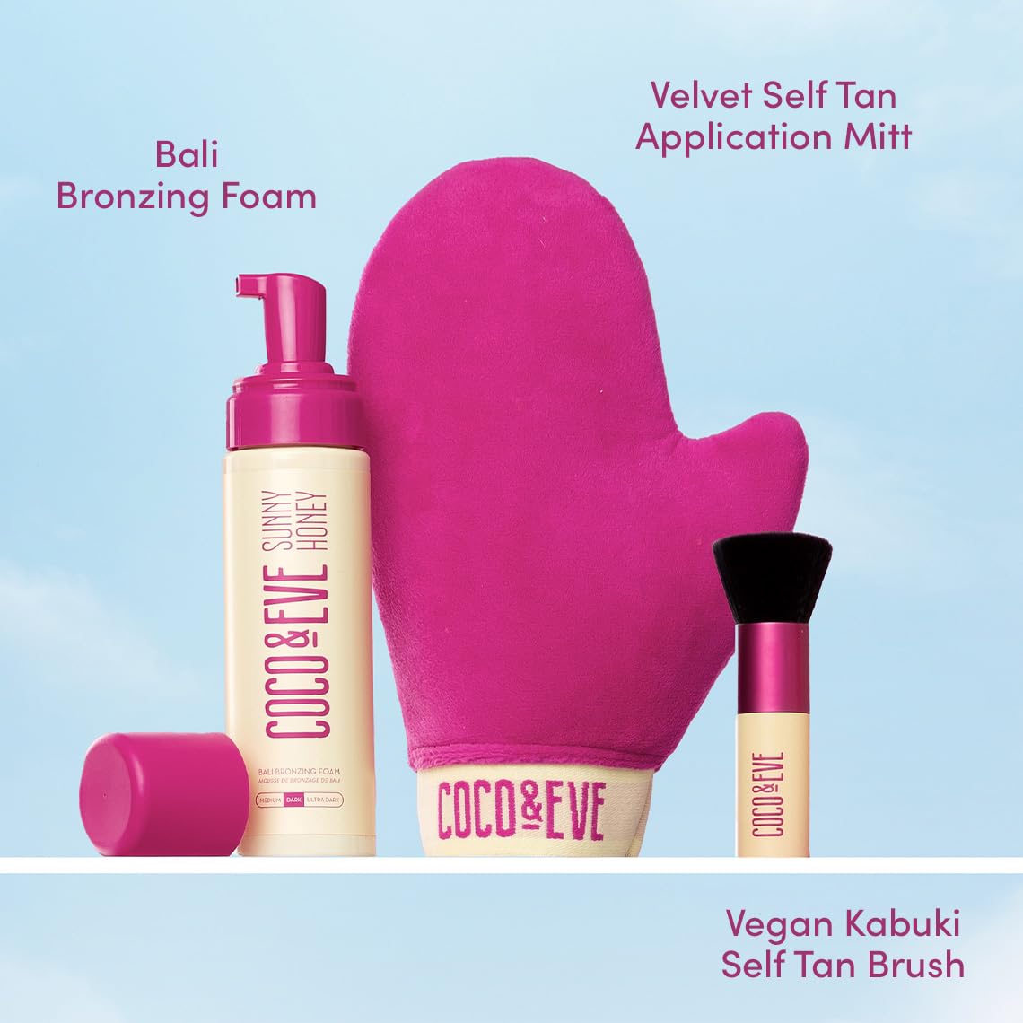 Coco & Eve Sunny Honey Bali Bronzing Bundle (Medium). All Natural Sunless Tanning Mousse. Instant Self Tanning Lotion with Bronzer, Mitt Applicator and Kabuki Brush. - Image 4