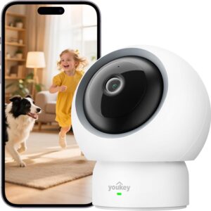 youkey Indoor Camera 2.5K, No Monthly Fees, Pan & Tilt, 360° Dog/Pet Camera for Home Security, 2.4/ 5GHz WiFi 6, Bluetooth Pairing, Human/Pet/Baby Crying Detection, Two-Way Audio, Night Vision