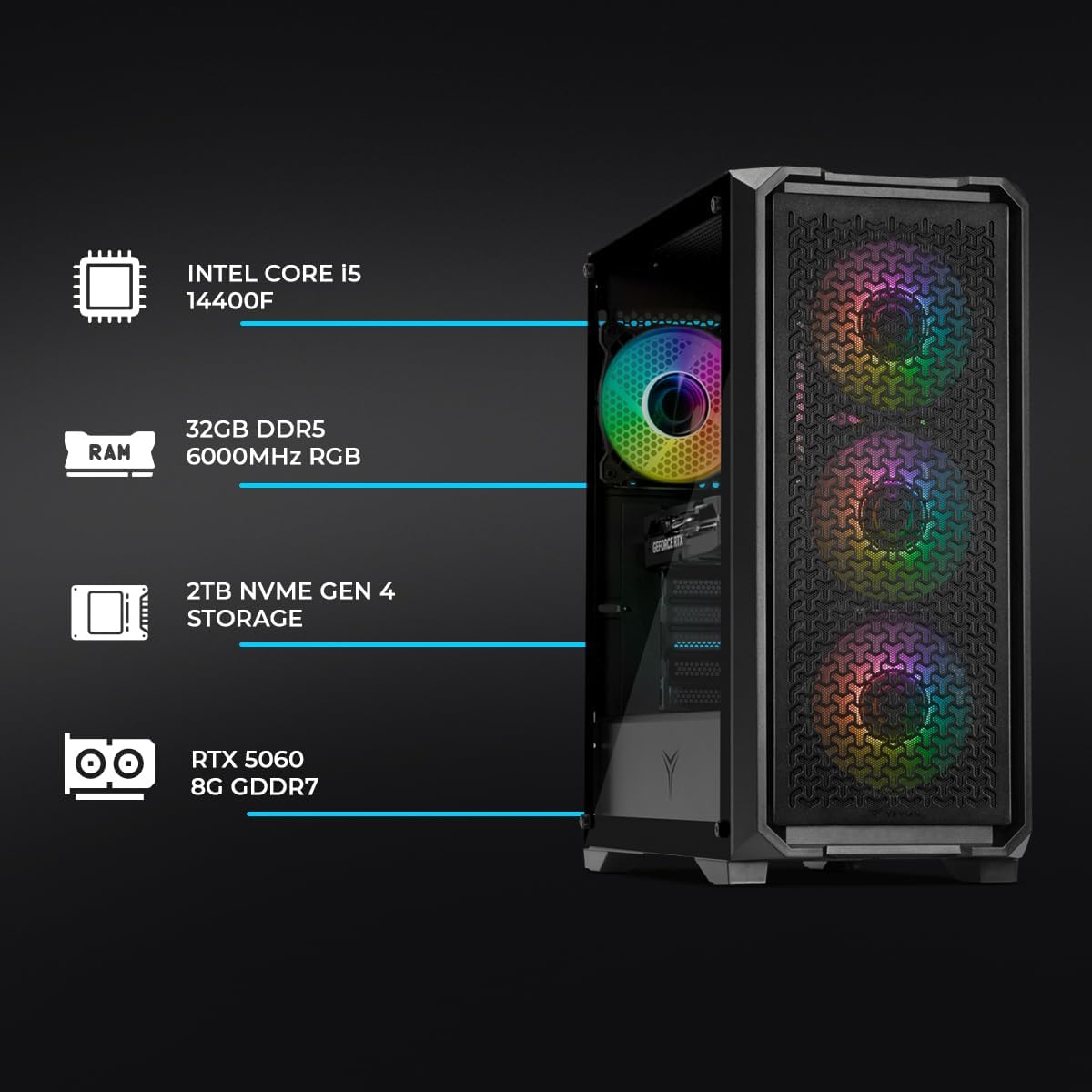 YEYIAN Gaming PC. Core i5 14400F, RTX 5060 8GB GDDR7, 2TB NVMe, 32GB DDR5, PSU, 650W 80+ Gold. Model YPI-VA44F0C-5603U - Image 6