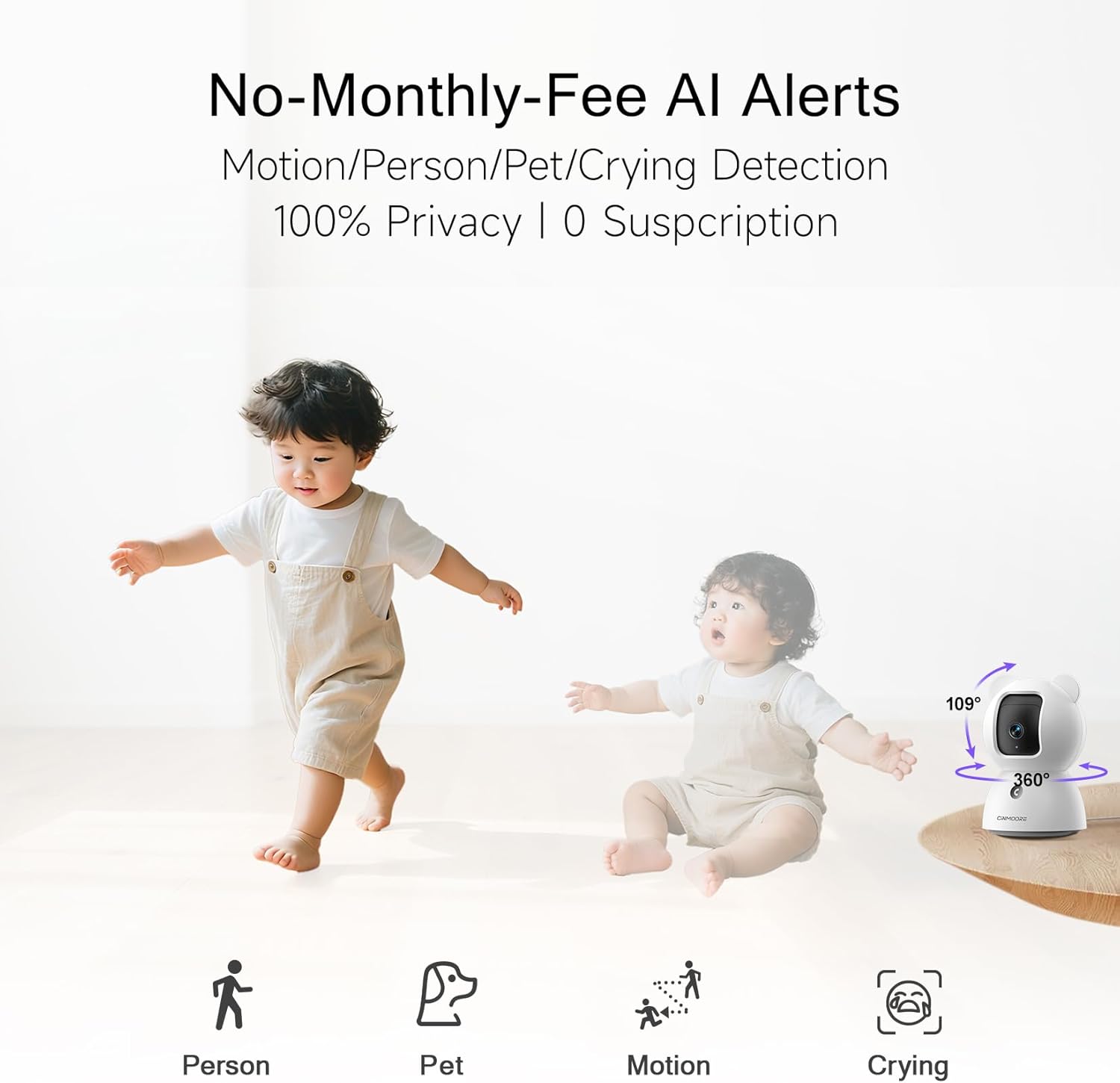 2.5K Security Camera Indoor, Non-Subscription AI Person/Pet/Cry Detection, 4MP Pet/Dog/Cat Camera w/Phone App, Pan Tilt 2.4GHz WiFi Cameras for Home Security, Full Duplex 2-Way Audio, IR Night Vision - Image 3