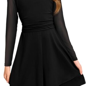 Haloumoning Girls Mesh Long Sleeve Dress Kids Square Neck Ruched Waist Double Layered Party Dance Dresses 5-14Y