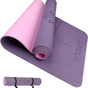 YOGATI® Yoga Mat with Strap with Alignment Lines. Home Workout Mat for Women, Men and Kids. Thick Non Slip Yoga Mat for Pilates and Fitness. Brown, Pink and Purple Yoga Mats
