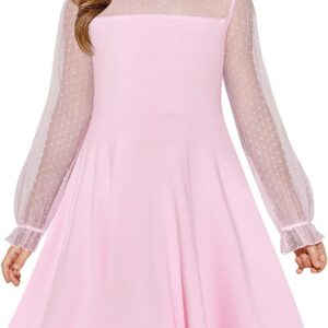 Haloumoning Girls Contrast Mesh Long Sleeve High Waist A Line Short Dress with Pockets 4-14 Years