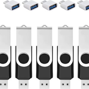 5 Pack 128GB USB Flash Drive with Type C Adapter and Storage Box USB 2.0 High Speed Metal Pen Drive 360° Rotatable Storage Memory Stick for Phone/Pad/PC/Laptop/Android – Black(5-Pack 128GB)