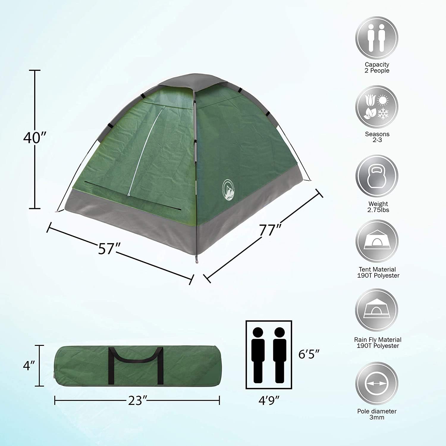 2-Person Camping Tent - Shelter with Rain Fly and Carrying Bag - Lightweight Outdoor Tent for Backpacking, Hiking, and Beach by Wakeman (Green) - Image 2